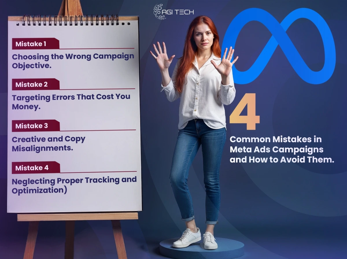A woman stands beside a board listing four common Meta Ads mistakes, with a large Meta logo in the background.