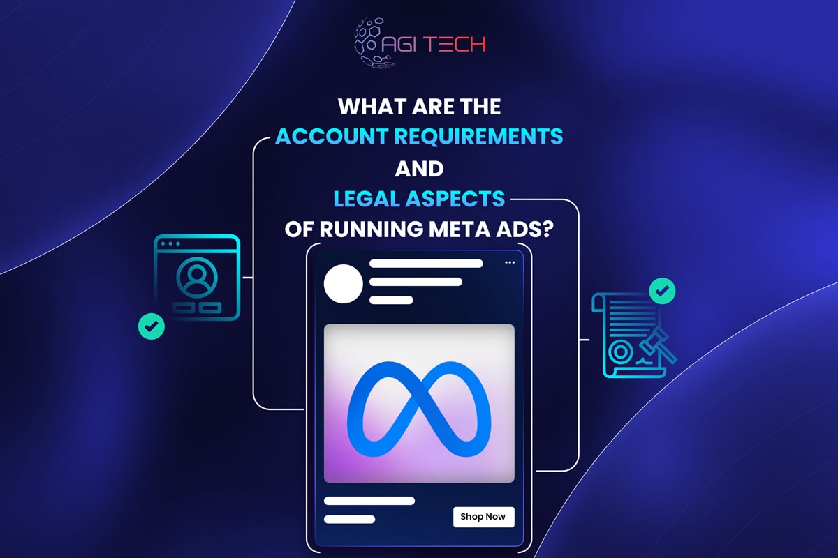 An image with the text; What are the account requirements and legal aspects of running Meta ads? with graphics of a profile, legal document, and Meta logo.