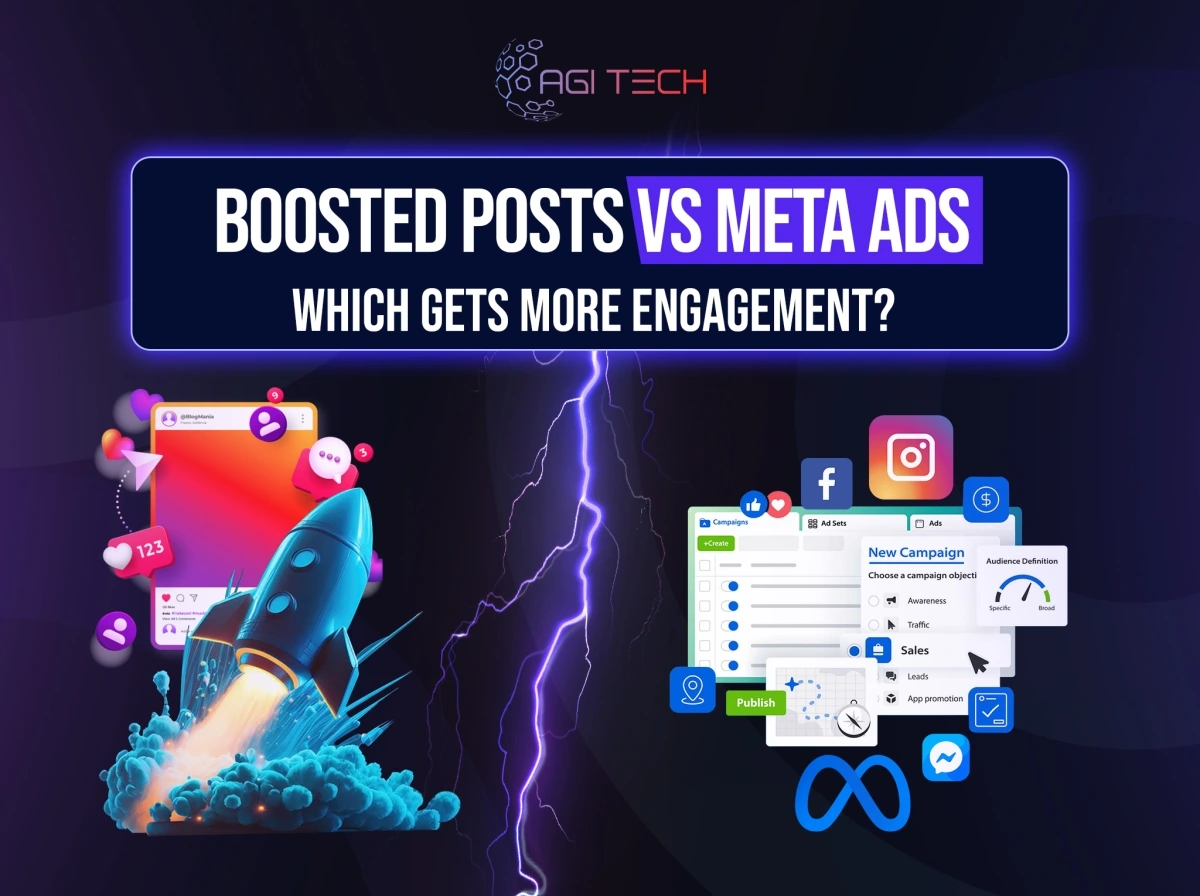 A split image compares boosted social media posts on the left with Meta Ads on the right, under the heading Boosted Posts vs Meta Ads: Which Gets More Engagement