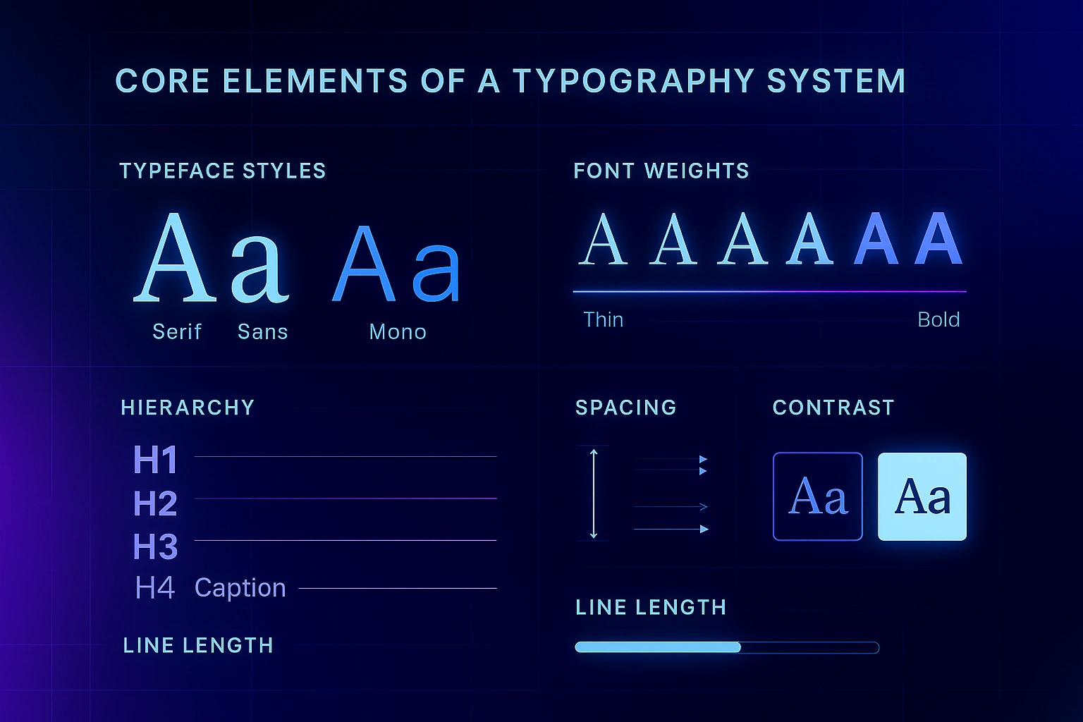 Futuristic infographic showing typeface styles, font weights, hierarchy, spacing, contrast, and line length on a neon gradient.