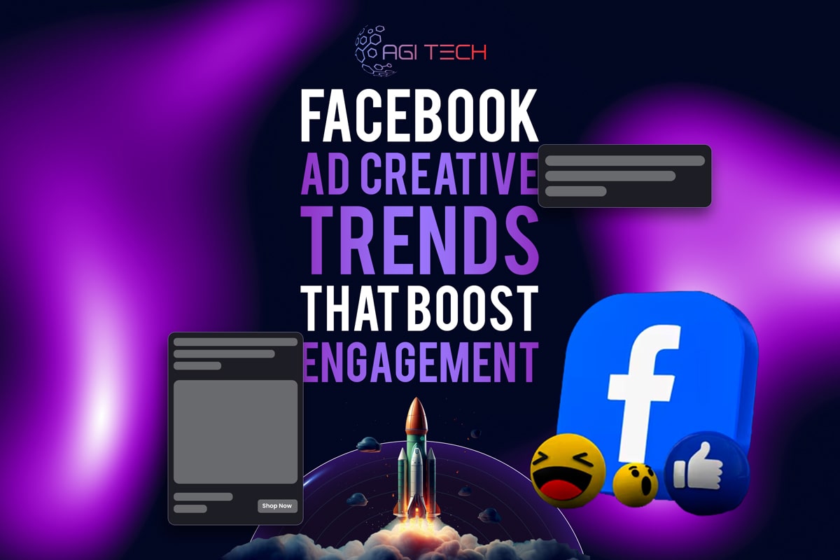 A digital graphic with the text Facebook Ad Creative Trends That Boost Engagement, featuring Facebook icons, emojis, and a rocket launch illustration.