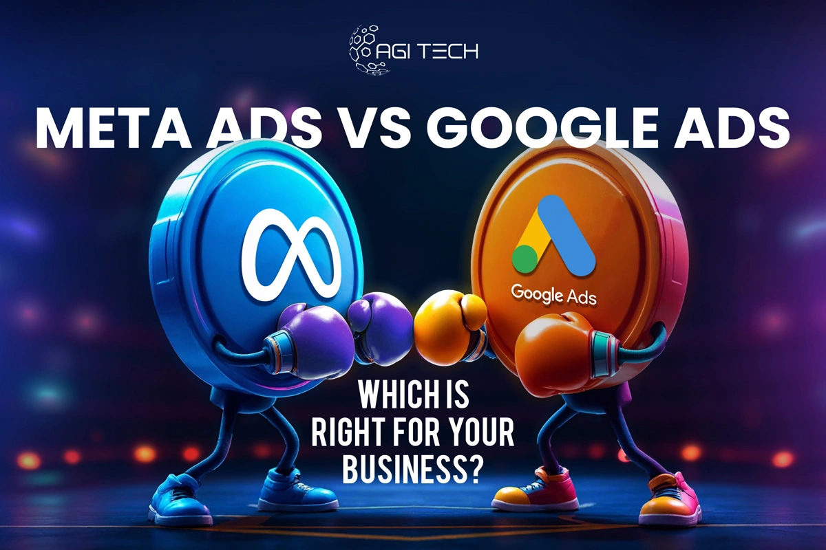 Two 3D cartoonist-tokens with Meta and Google Ads logos face off in boxing gloves, with the text Google Ads vs Meta Ads.