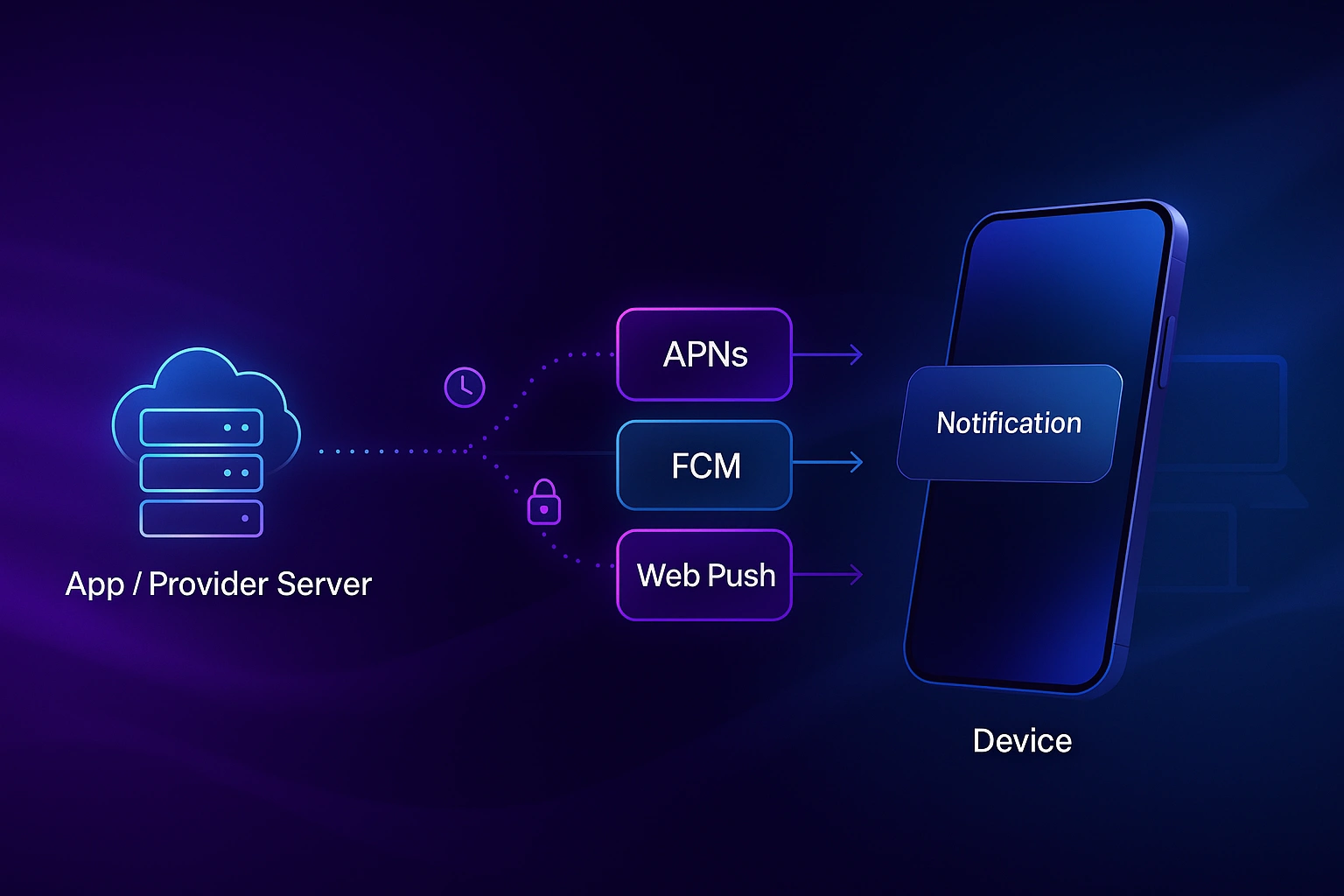 Diagram showing how push notifications travel from a server via APNs, FCM, and Web Push to a user’s device.
