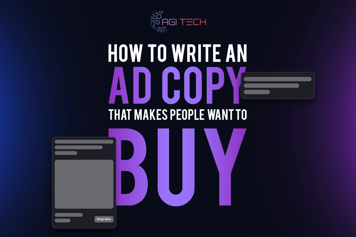 Text graphic with the title: How to Write an Ad Copy That Makes People Want to Buy in bold white and purple letters, with chat window icons on a dark background.