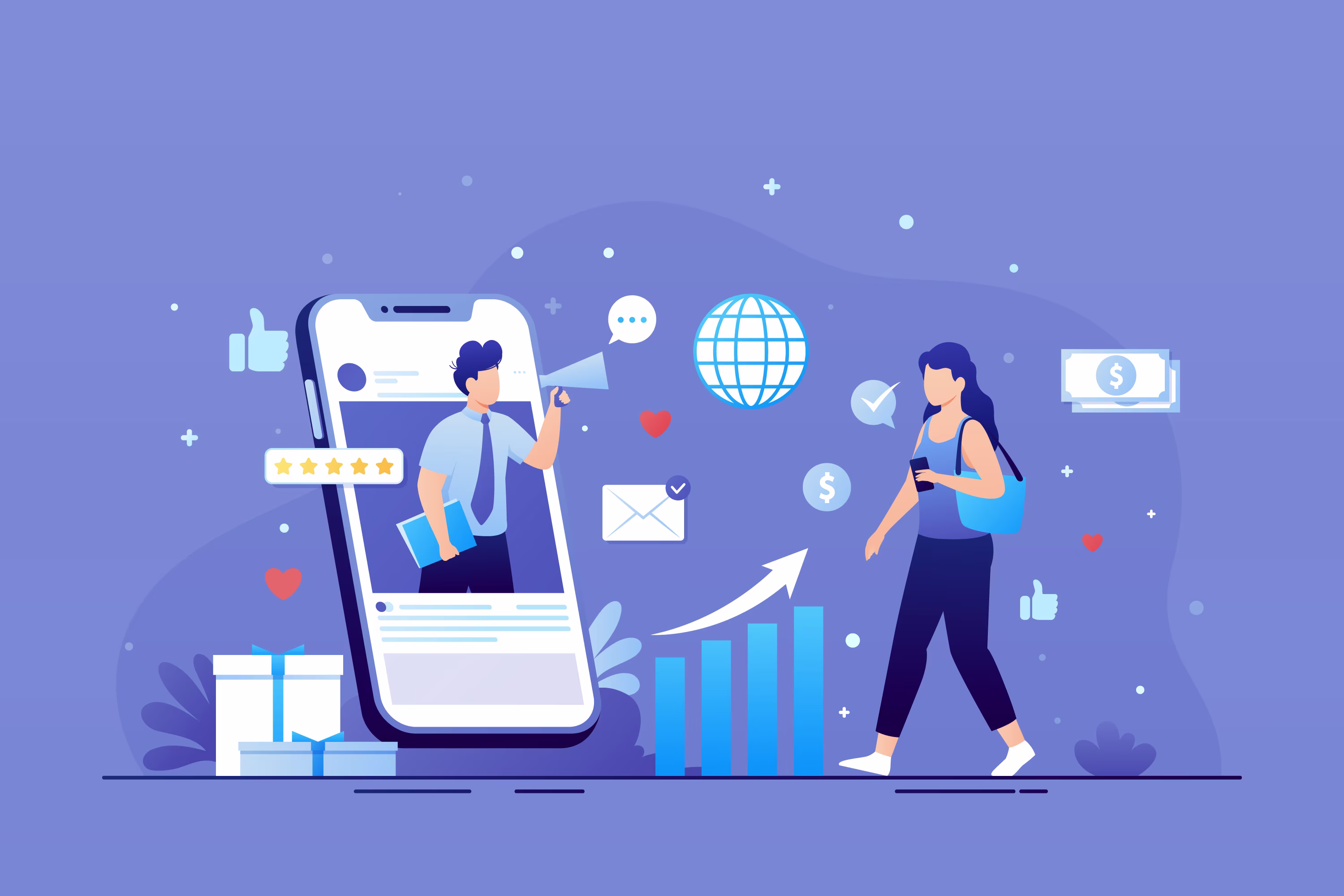 Illustration of a woman with a backpack holding a phone, walking past a large smartphone displaying a man with a megaphone. Surrounding icons include charts, money, messages, and social media symbols.