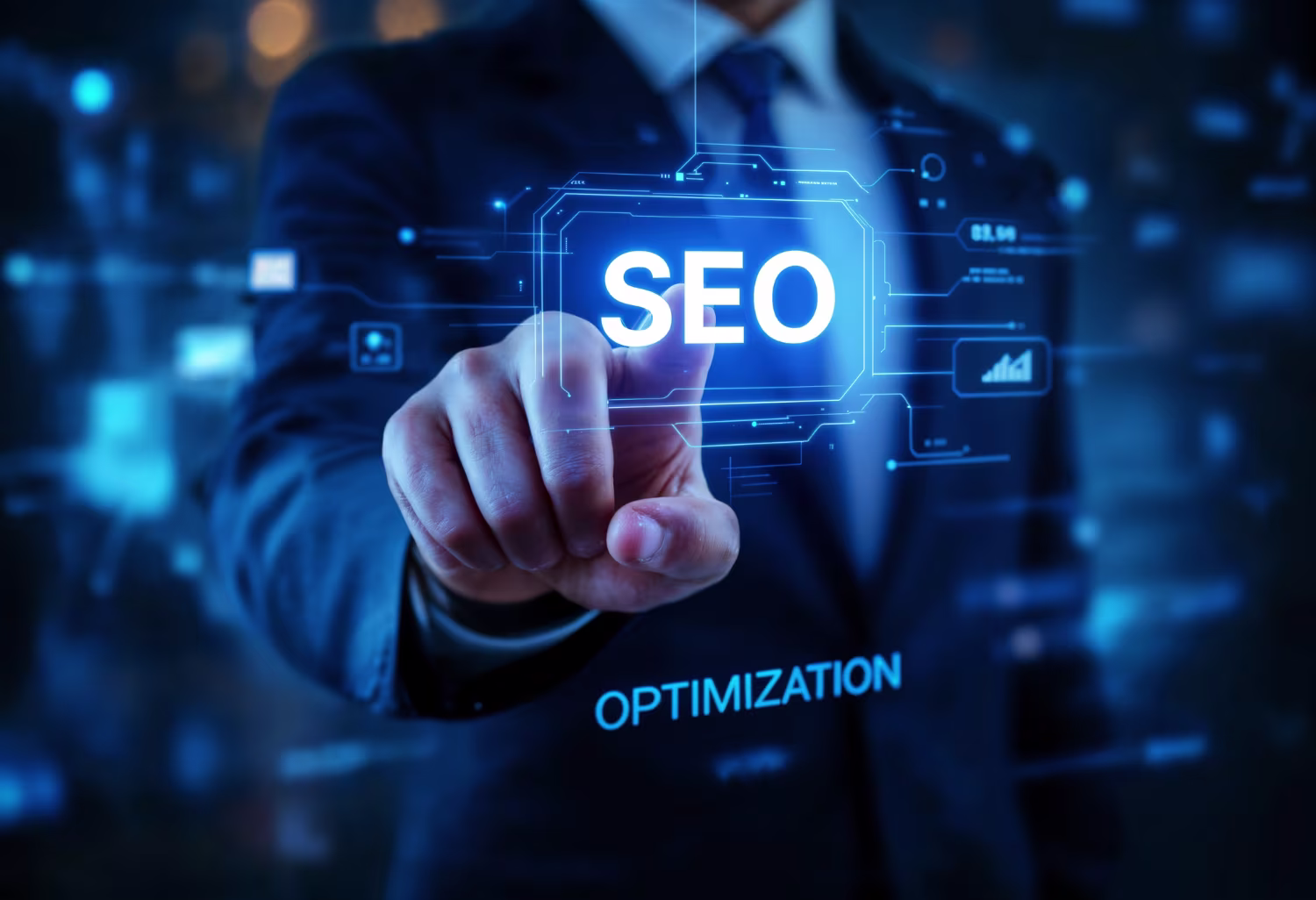 A person in a business suit is touching a virtual screen displaying the word SEO and various digital icons, with the word OPTIMIZATION glowing below. The background is blurred and technological.