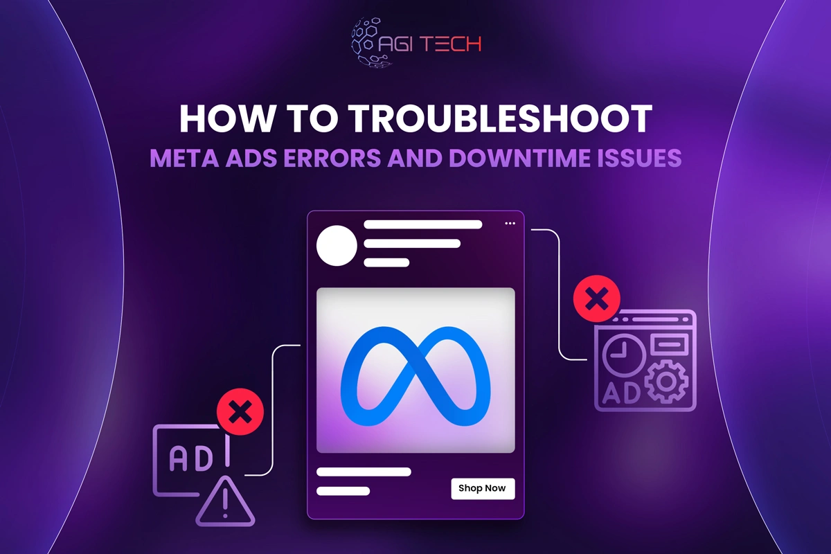 A graphic with the Meta logo on a screen, surrounded by icons representing ad errors and downtime, titled How to Troubleshoot Meta Ads Errors and Downtime Issues.