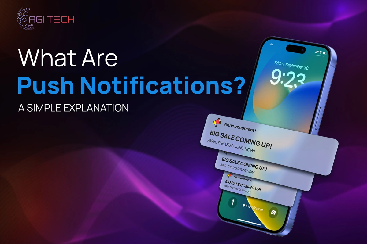 Smartphone screen showing stacked sale notifications with the title 'What Are Push Notifications?' on neon background.