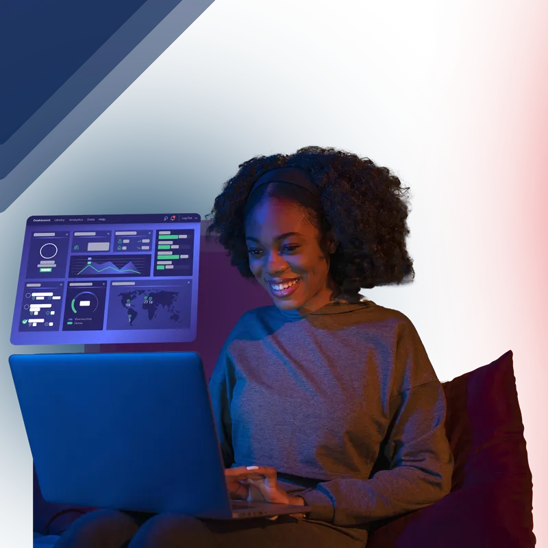 A woman sits on a couch using a laptop, with digital data dashboards and ROI graphs displayed above her screen against a blue and red background.