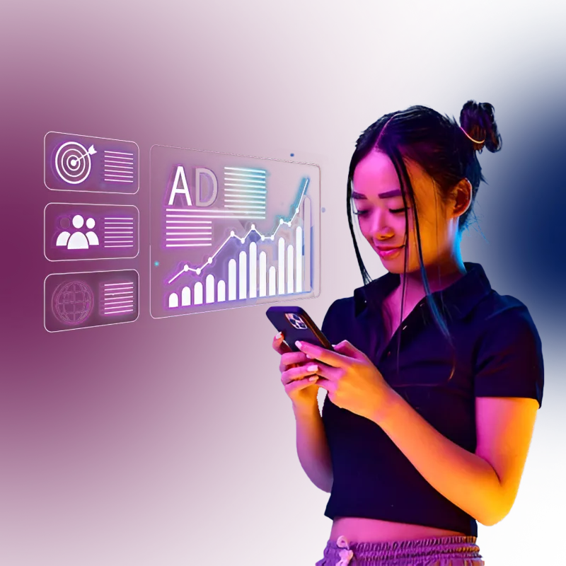 A woman looks at her phone while digital marketing analytics, reporting, and graph icons are displayed in the background.